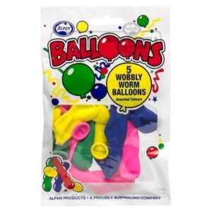 Alpen - Balloons - 5 Wobbly Worm Balloons - Mixed Colours