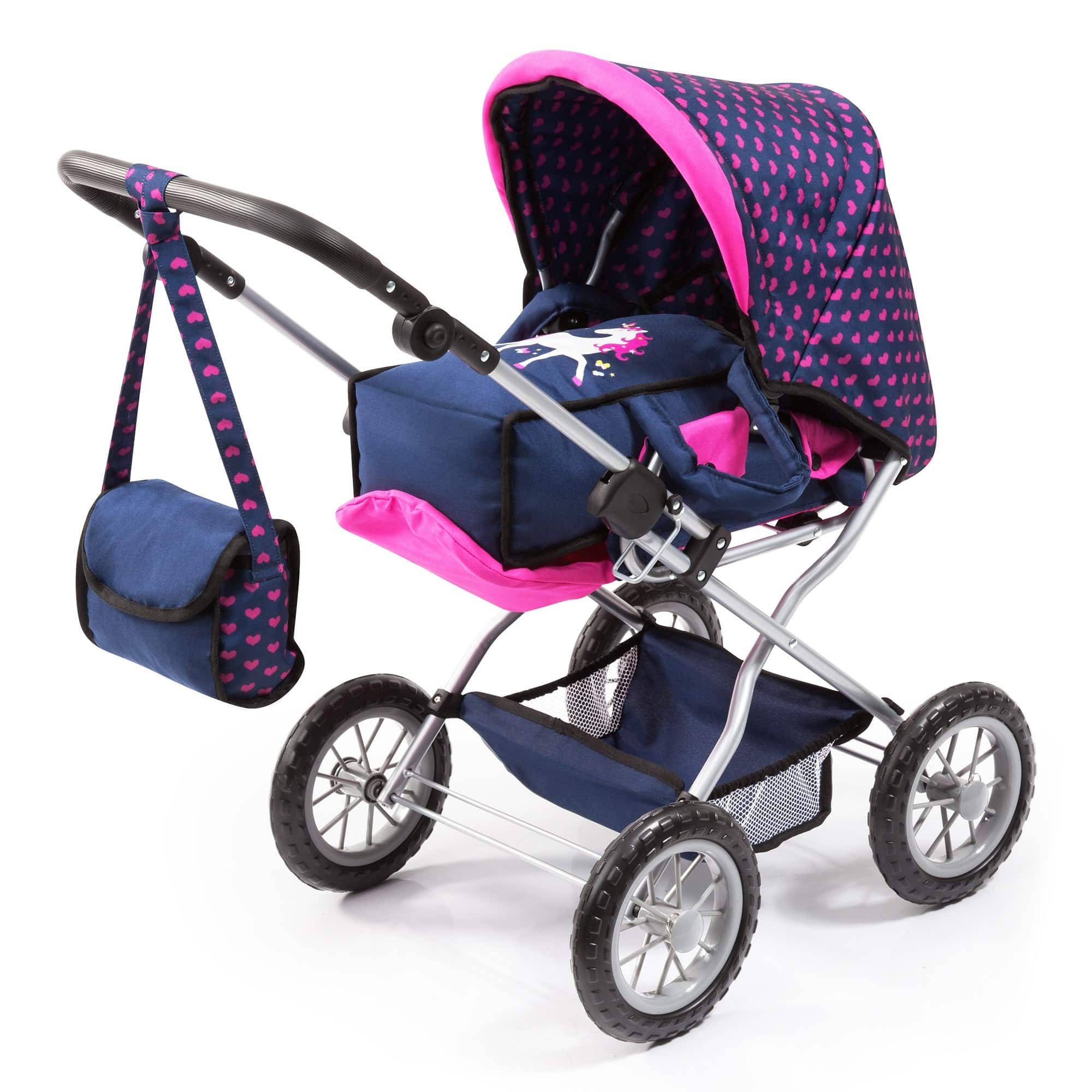 Bayer - Combi Grande Doll Pram - Dark Blue with Pink Hearts & Unicorn