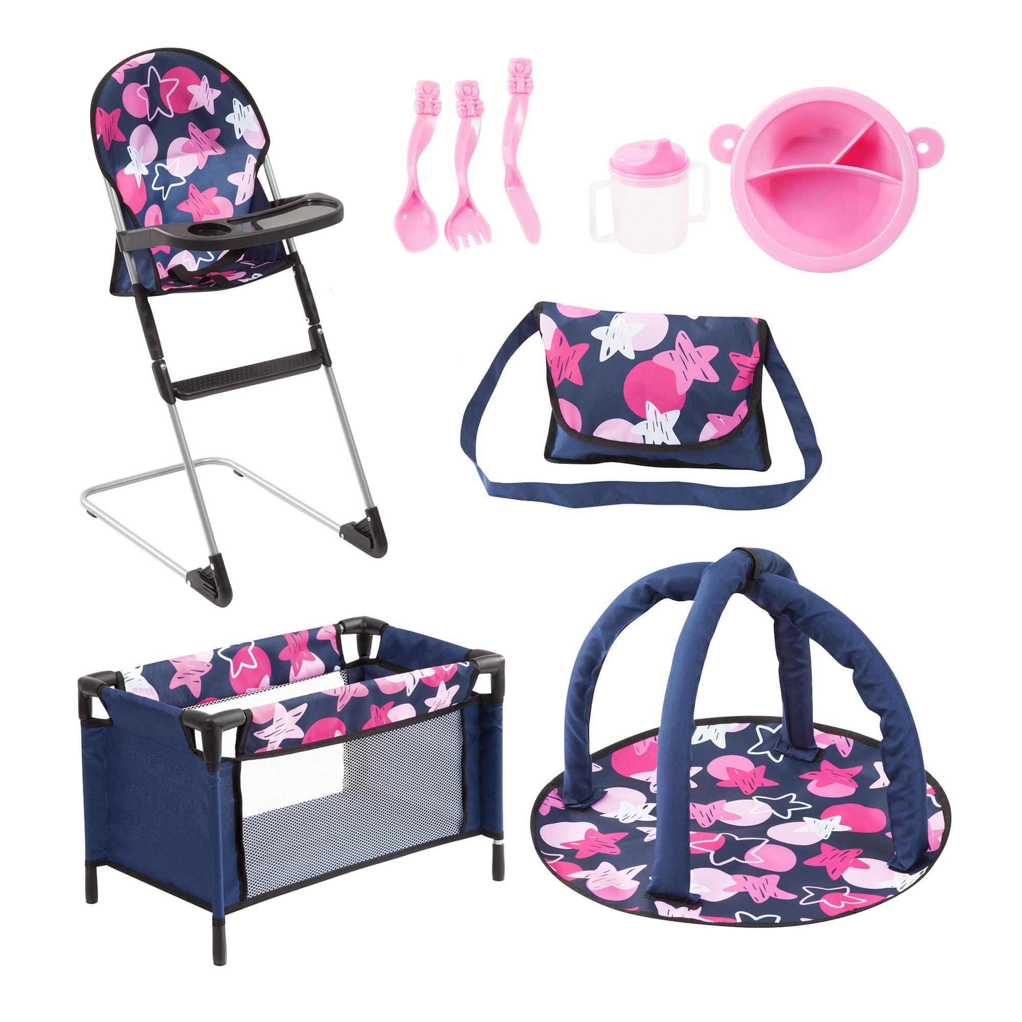 Bayer Doll Pram - Milano Mega Set - Blue with Pink Hearts & Unicorn