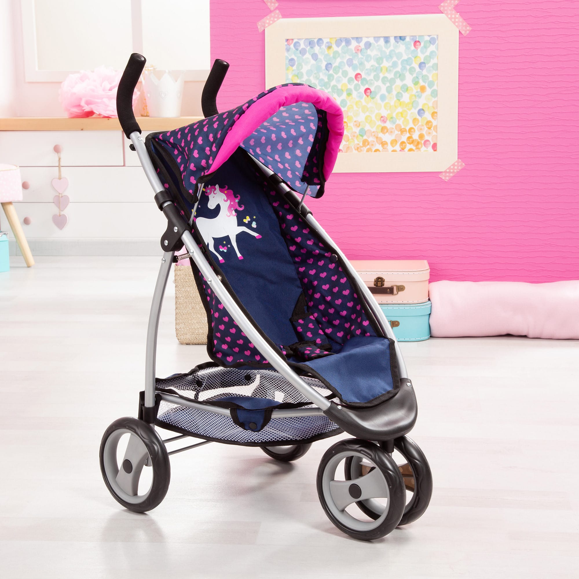 Bayer Jogger Doll Pram - Blue with Pink Hearts & Unicorn