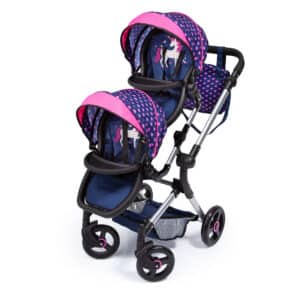 Bayer Neo Twin Doll Pram - Blue with Pink Heats and Unicorn