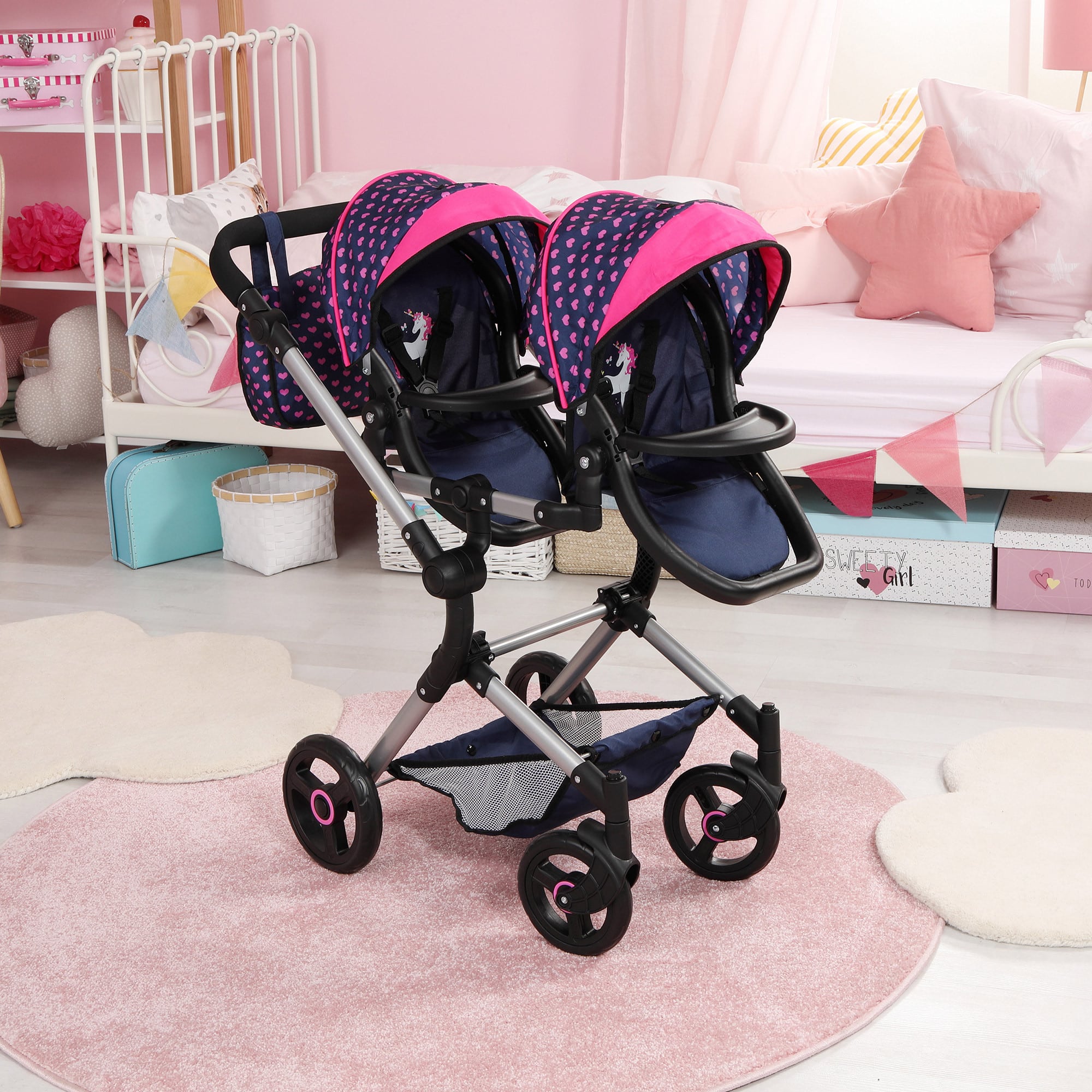 Bayer Neo Twin Doll Pram - Blue with Pink Heats and Unicorn