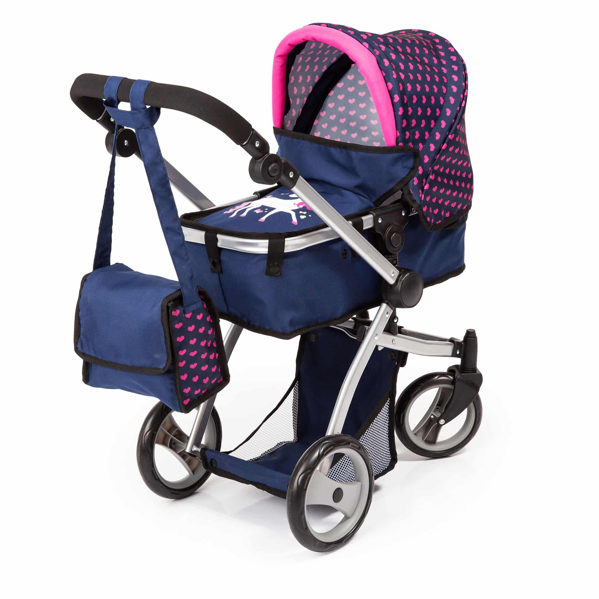 Bayer Trendy Doll Pram - Blue with Pink Hearts & Unicorn