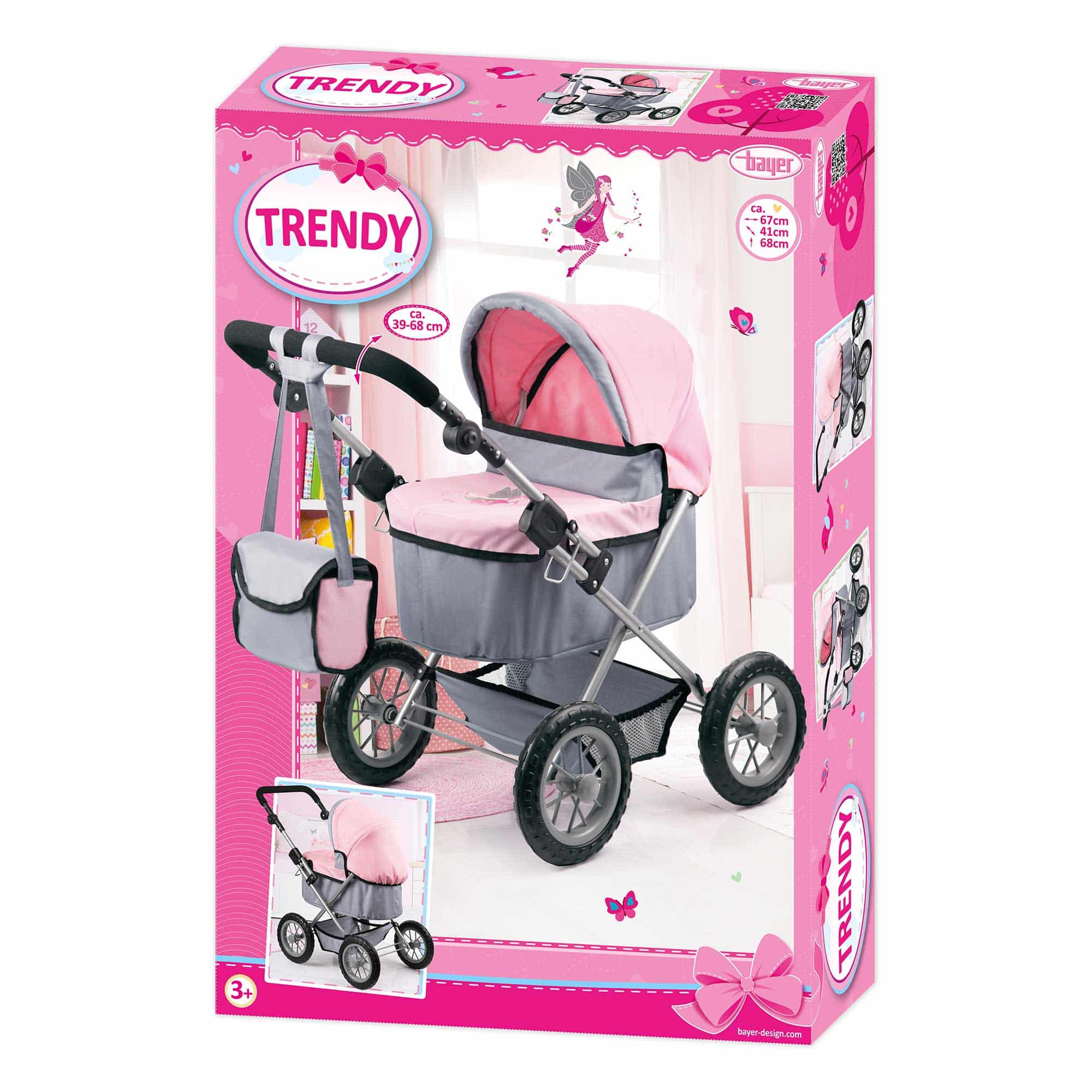 Bayer Trendy Pram - Grey with Pink Trim and Fairy