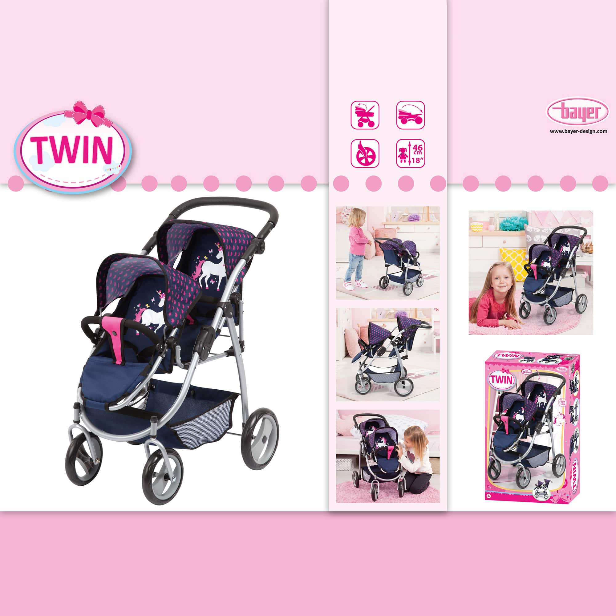 Bayer Trendy Twin Doll Pram - Navy with Pink Hearts & Unicorns