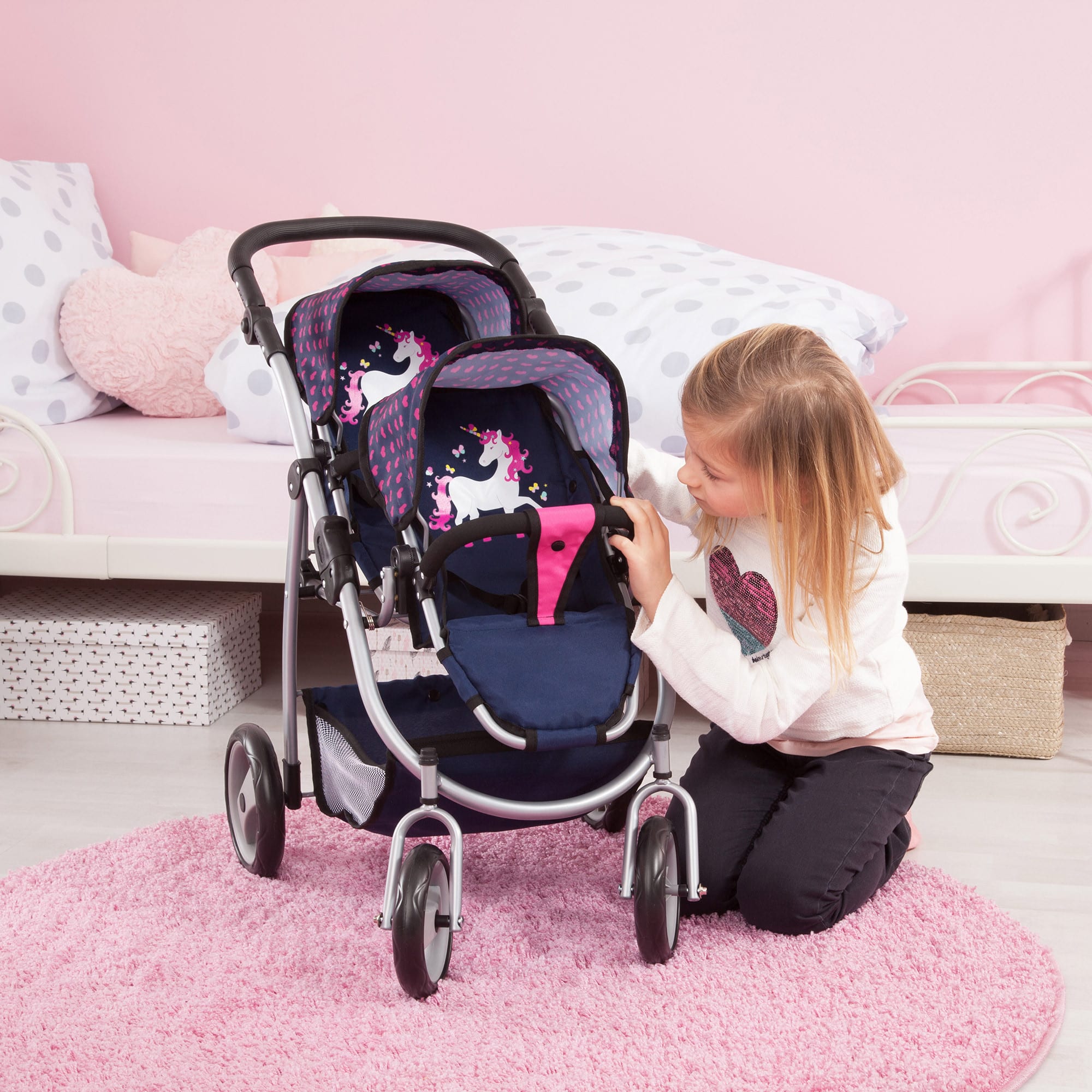 Bayer Trendy Twin Doll Pram - Navy with Pink Hearts & Unicorns