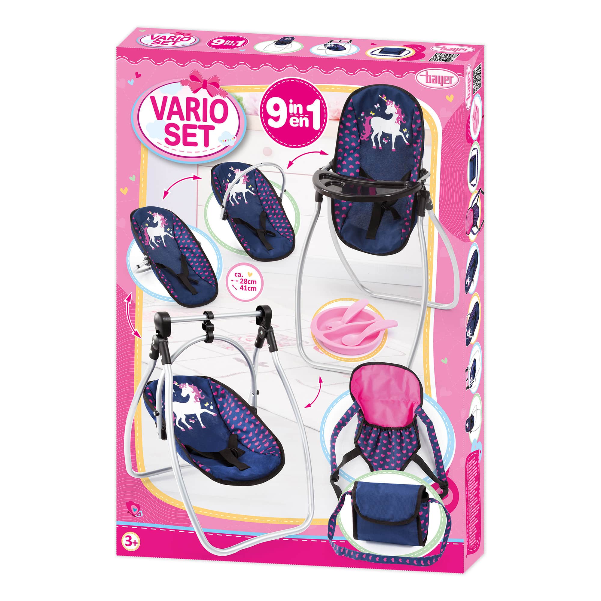 Bayer Vario 9-in-1 Doll Accessories Set - Blue with Pink Hearts