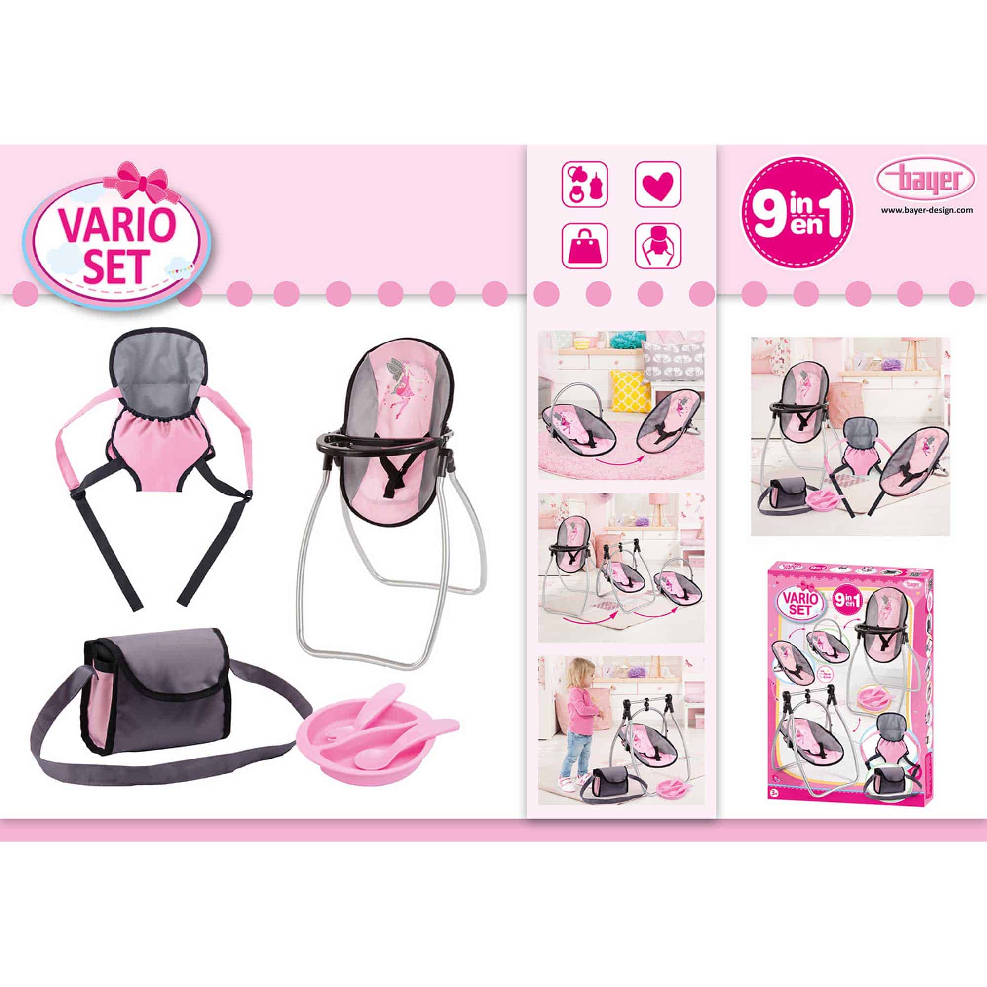 Bayer Vario 9-in-1 Doll Accessories Set - Pink and Gray