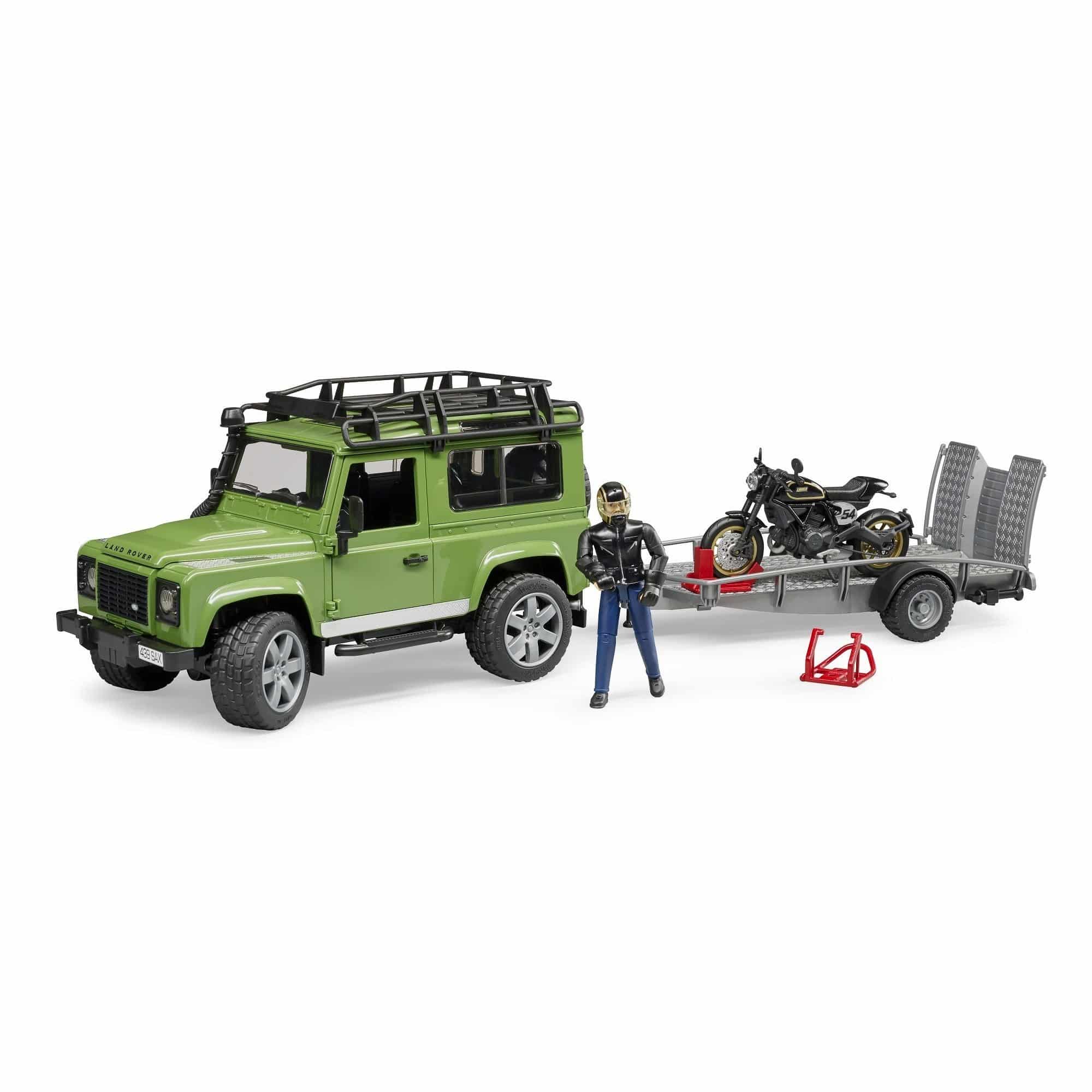 Bruder - Land Rover Defender Station Wagon with Trailer, Ducati, and Rider