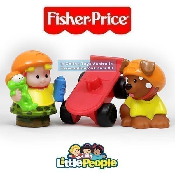 Fisher Price - Little People - Tube Figures - Eddie Puppy and Skateboard