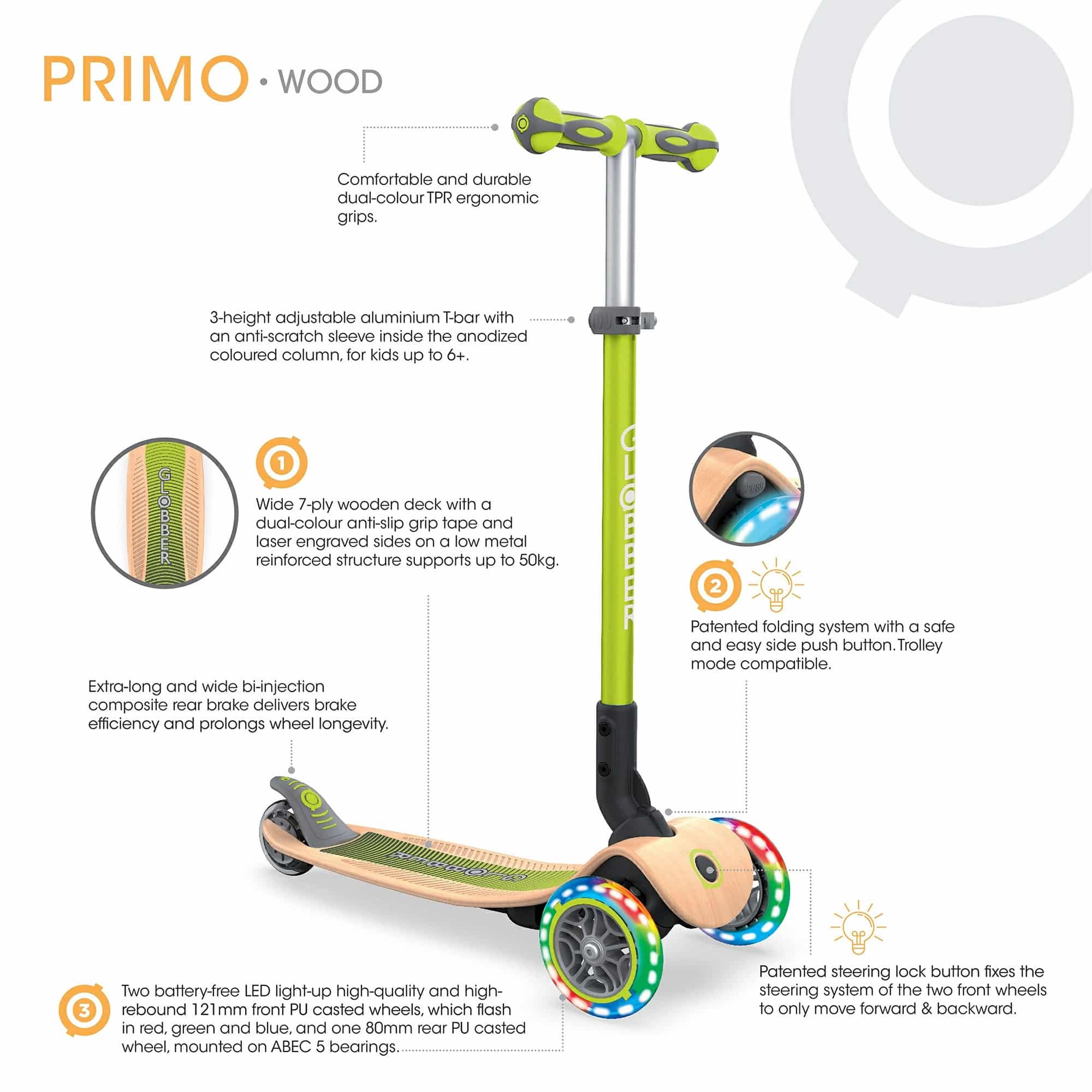 Globber - PRIMO Foldable Scooter - Wood with Lights