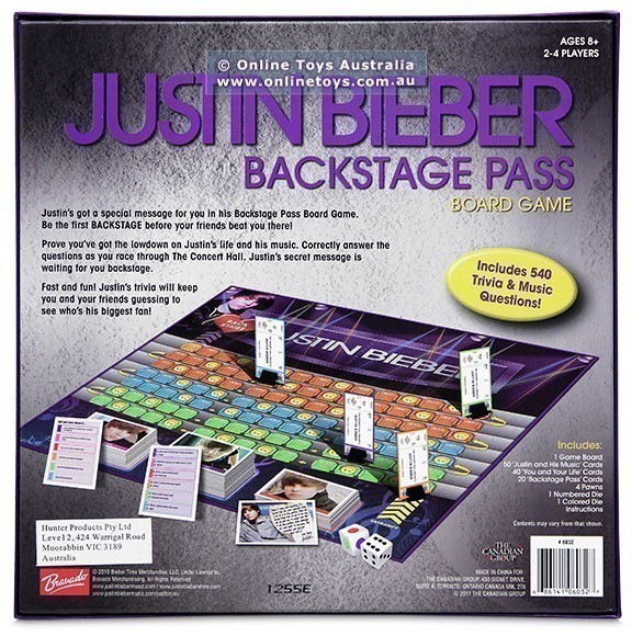 Justin Bieber Backstage Pass Board Game - Back
