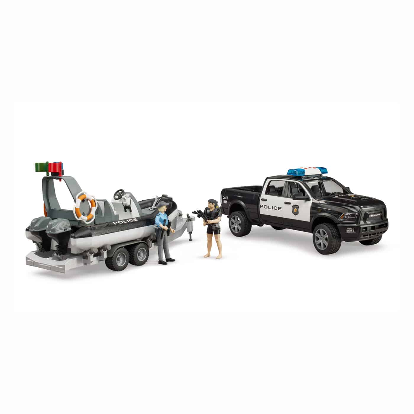 Bruder - RAM 2500 Police Pickup with Trailer, Boat and 2 Figures