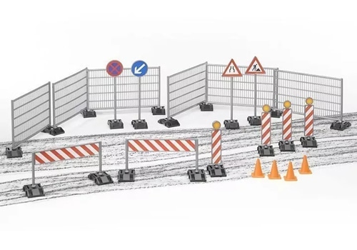 construction site with rails, and two triangular and square signs