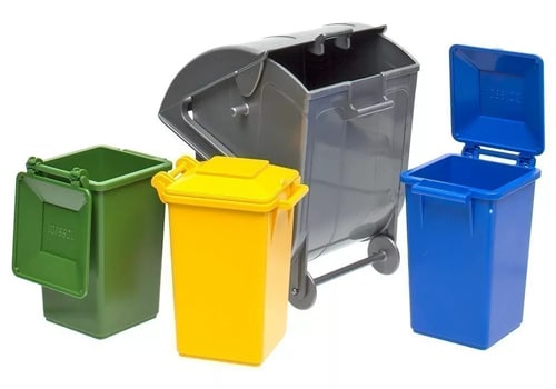 green, yellow, blue and grey bins