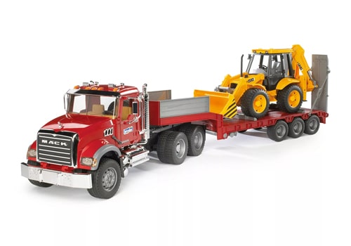 yellow loader on a red Mack Granite Low Loader Truck