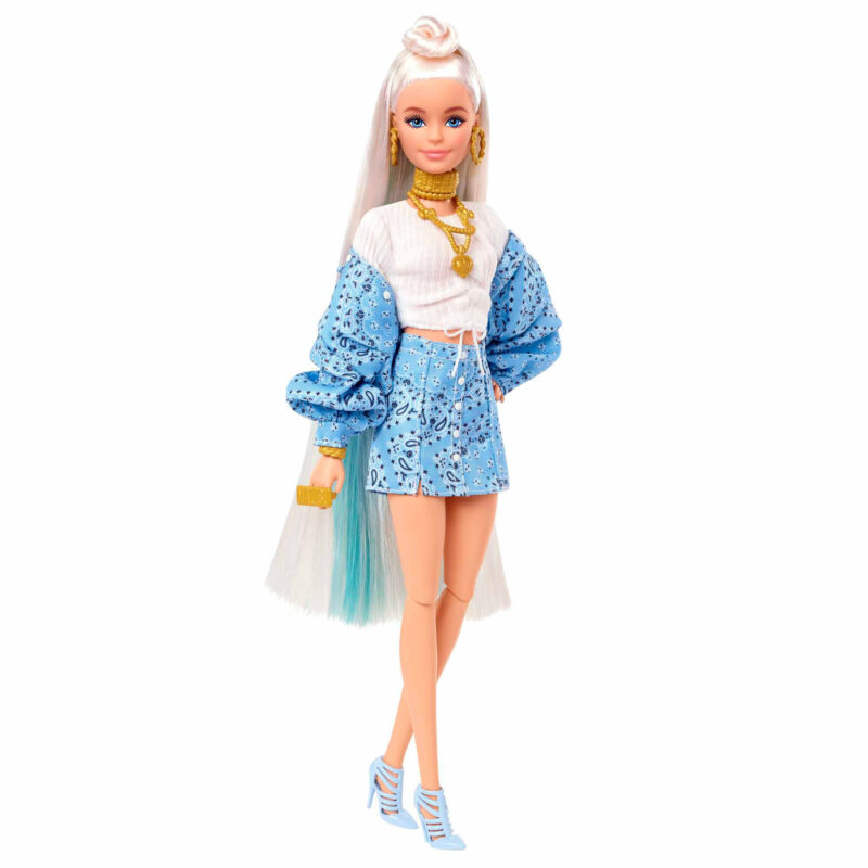 Barbie - Extra Doll in Blue paisley-print with Pet Chihuahua​​​​4