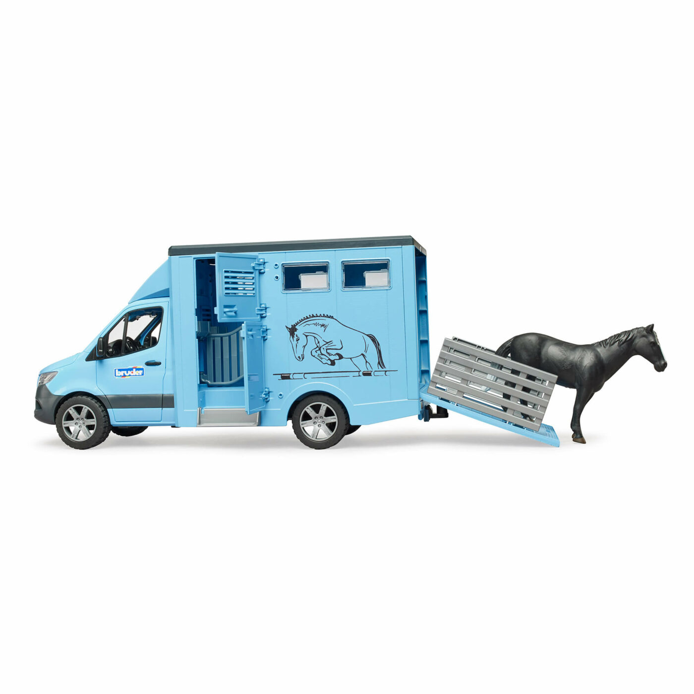 Bruder - MB Sprinter Animal Transporter Blue With Horse-4