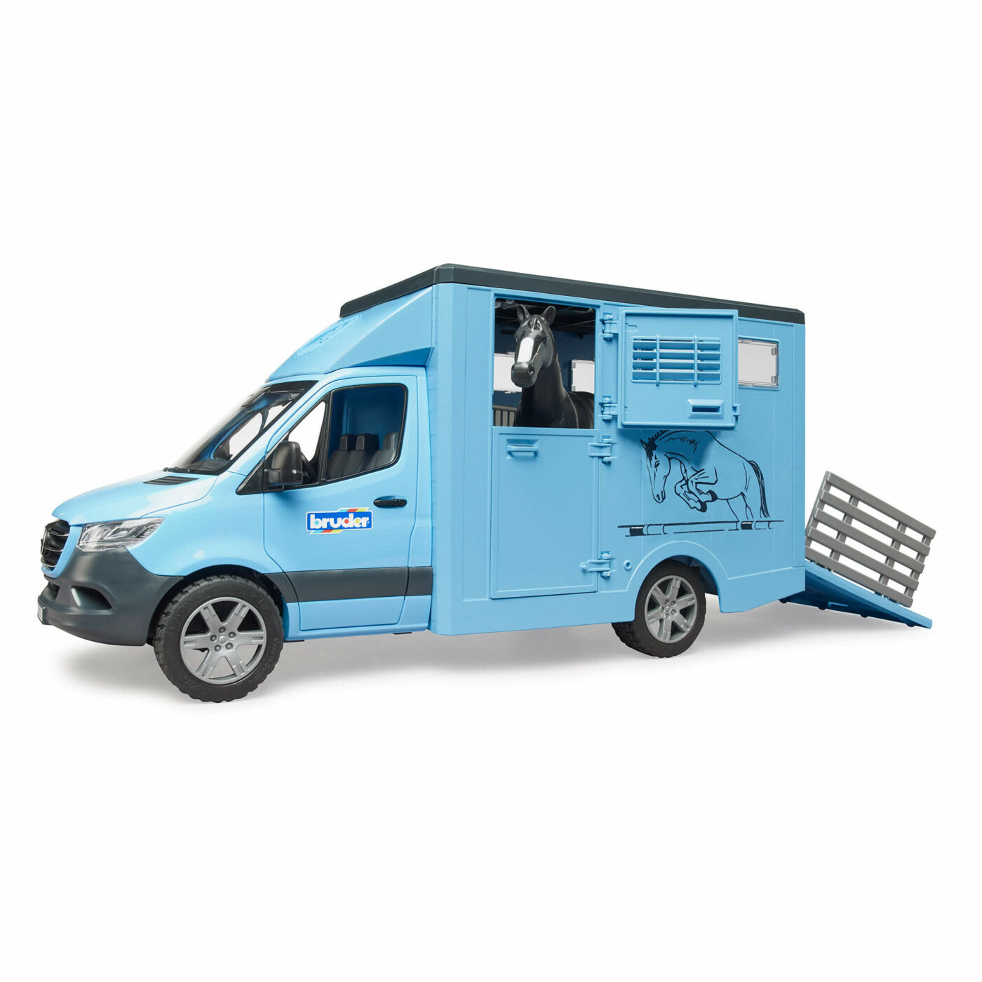 Bruder - MB Sprinter Animal Transporter Blue With Horse-5