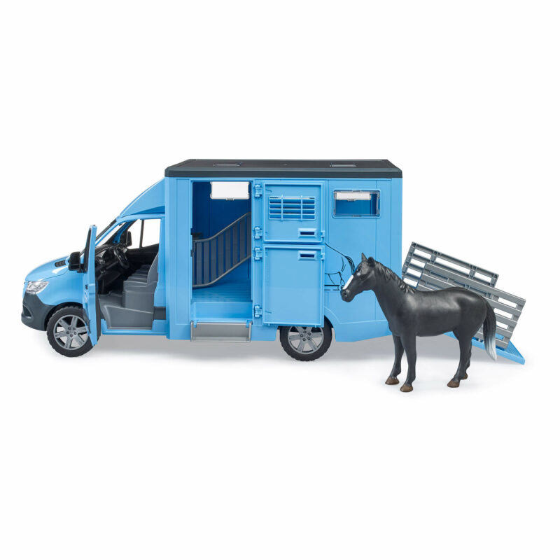 Bruder - MB Sprinter Animal Transporter Blue With Horse-6