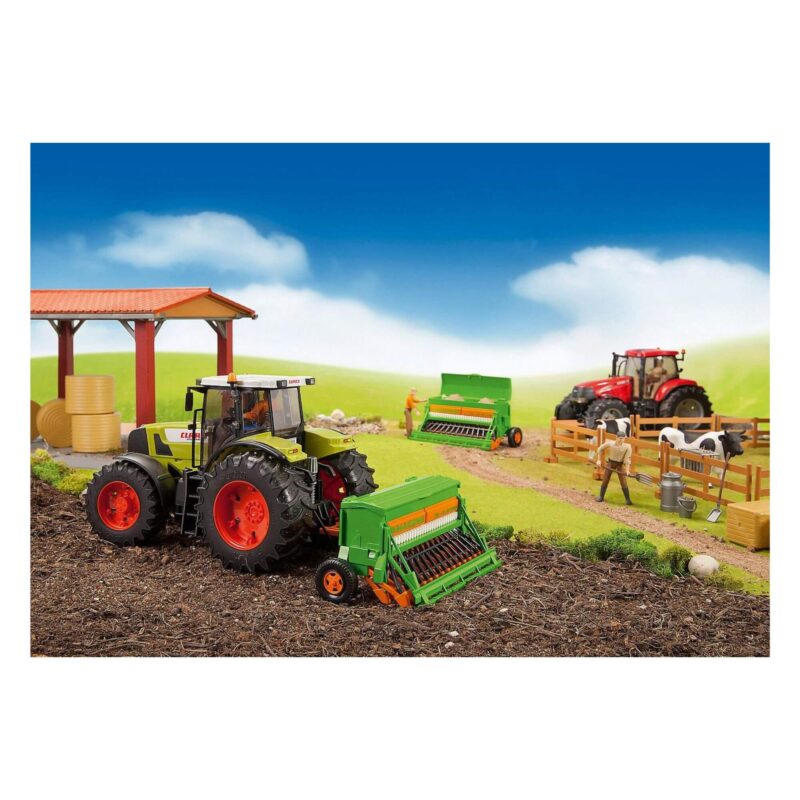 Bruder Amazone Sowing Machine toy with realistic seeding details in green and orange in farm and connected to tractor