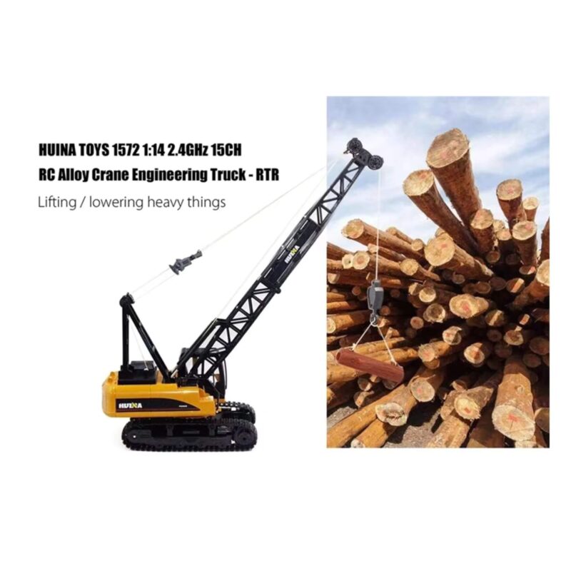 Huina 1572 RC Crawler Crane lifestyle image with real log