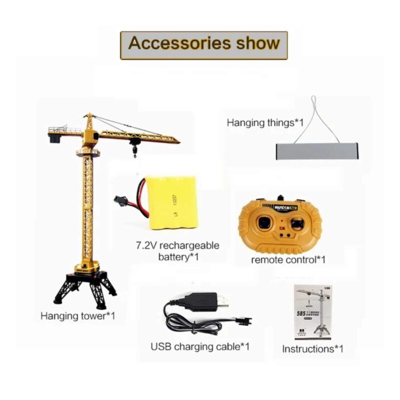 Huina 1585 RC Tower Crane accessories including hanging tower, rechargeable battery, remote control, USB charger, and instructions