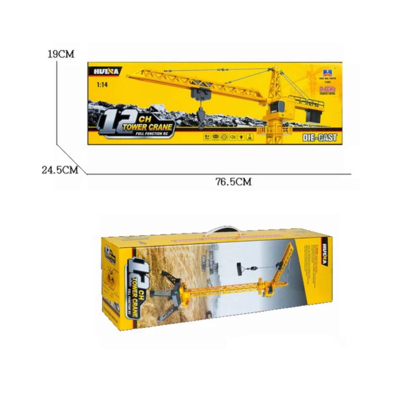 Huina 1585 RC Tower Crane toy packaging showing box dimensions 76.5cm x 24.5cm x 19cm