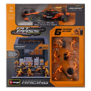 Bburago McLaren MCL38 Pit Pass Playset 1:43 scale with Oscar Piastri Formula 1 car and 6 pit crew figurines