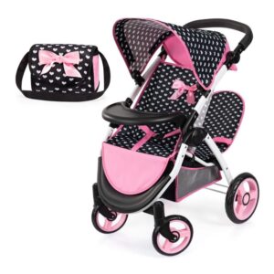 Bayer Twin Star Doll Pram rear view with pink and black heart design, foldable frame and storage basket
