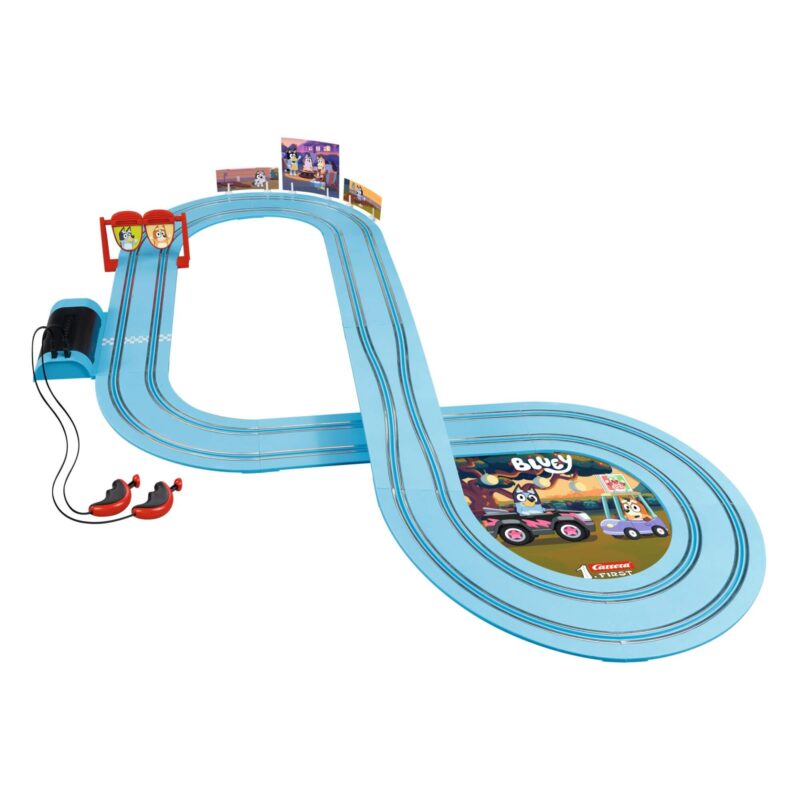Bluey Carrera First slot car racing track set with 2.9m track, Bluey and Bingo cars, and kids’ controllers