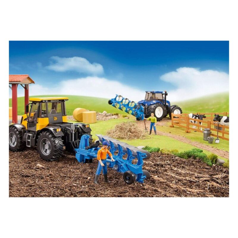 Bruder Lemken Turning Plough 02331 attached to tractors with farm figures and animals in a realistic play farm scene