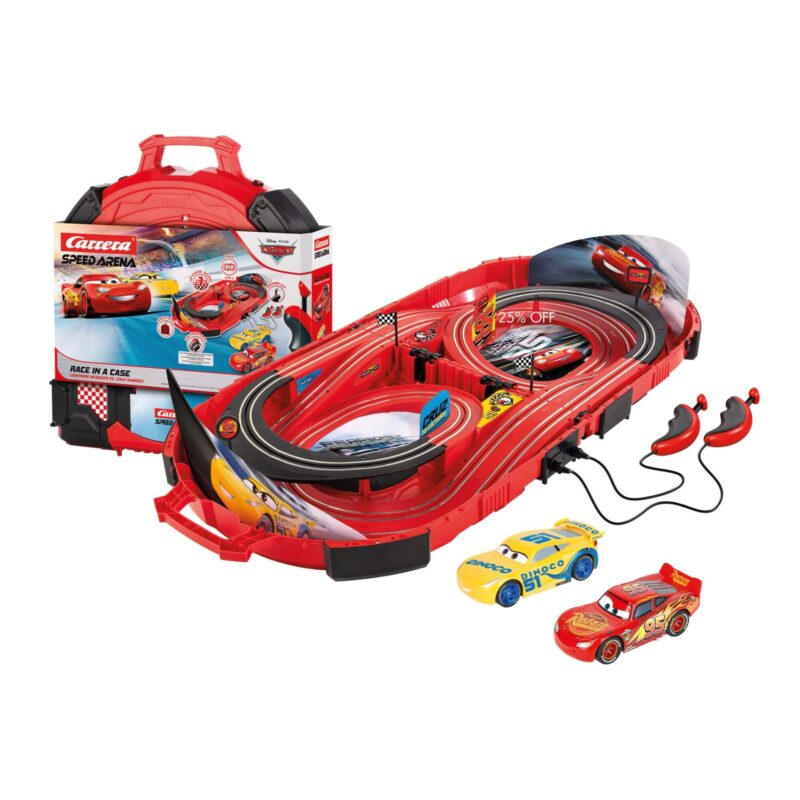 Carrera FIRST Disney Pixar Cars Speed Arena slot car set with Lightning McQueen and Cruz Ramirez, race track and carry case