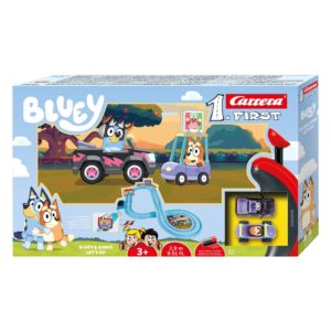 Carrera First Bluey & Bingo Let’s Go slot car set box with 2.9m track, two cars, and controllers