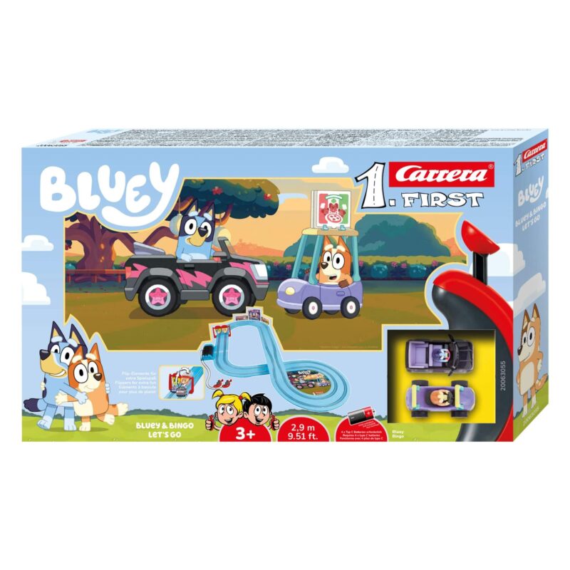 Carrera First Bluey & Bingo Let’s Go slot car set box with 2.9m track, two cars, and controllers