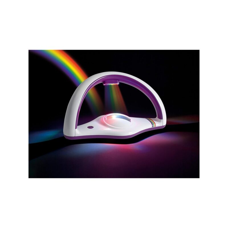 Brainstorm Toys rainbow projector glowing at night.