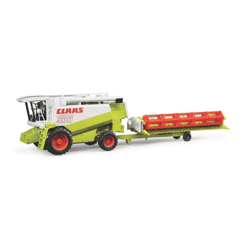 Bruder Claas Lexion 480 Combine Harvester toy with header placed on transport trailer
