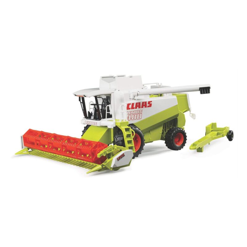 Front view of Bruder Claas Lexion 480 Combine Harvester toy with red header attached