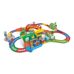 Assembled VTech Toot-Toot Drivers Learn & Go Motorised Train Set showing bridge, tunnel, station, and colourful SmartPoint tracks.