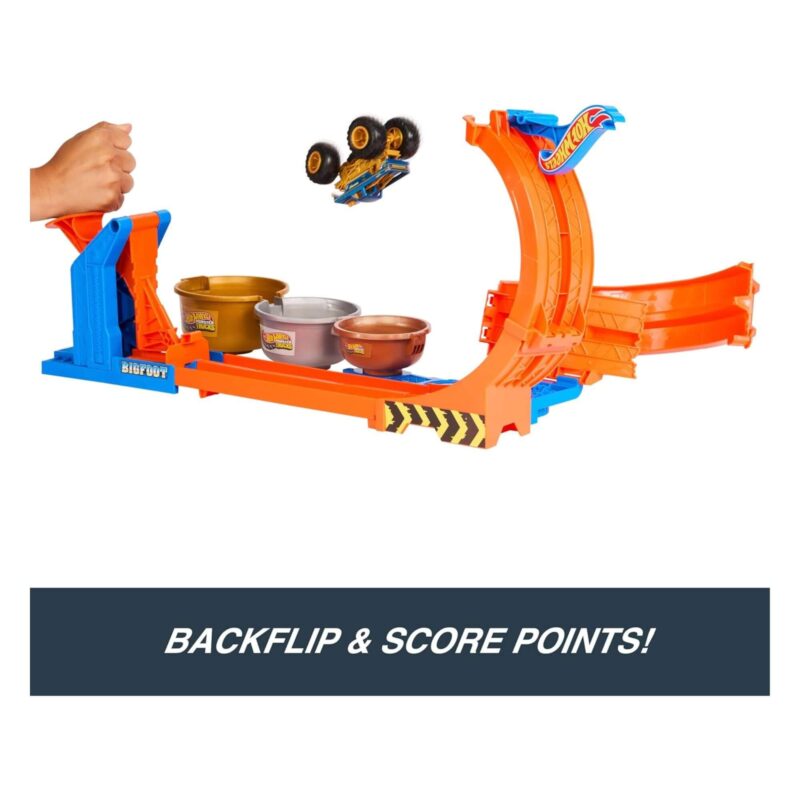 Hot Wheels Monster Trucks Loop & Flip Trophy Challenge Playset Bigfoot truck doing a backflip into trophy cups
