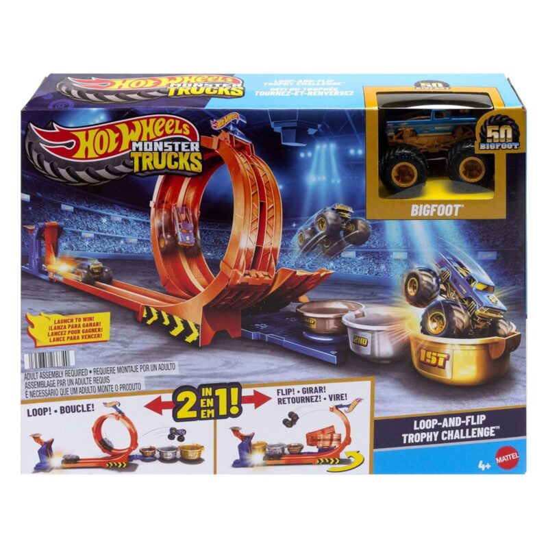 Front packaging of Hot Wheels Monster Trucks Loop & Flip Trophy Challenge Playset with Bigfoot Monster Truck
