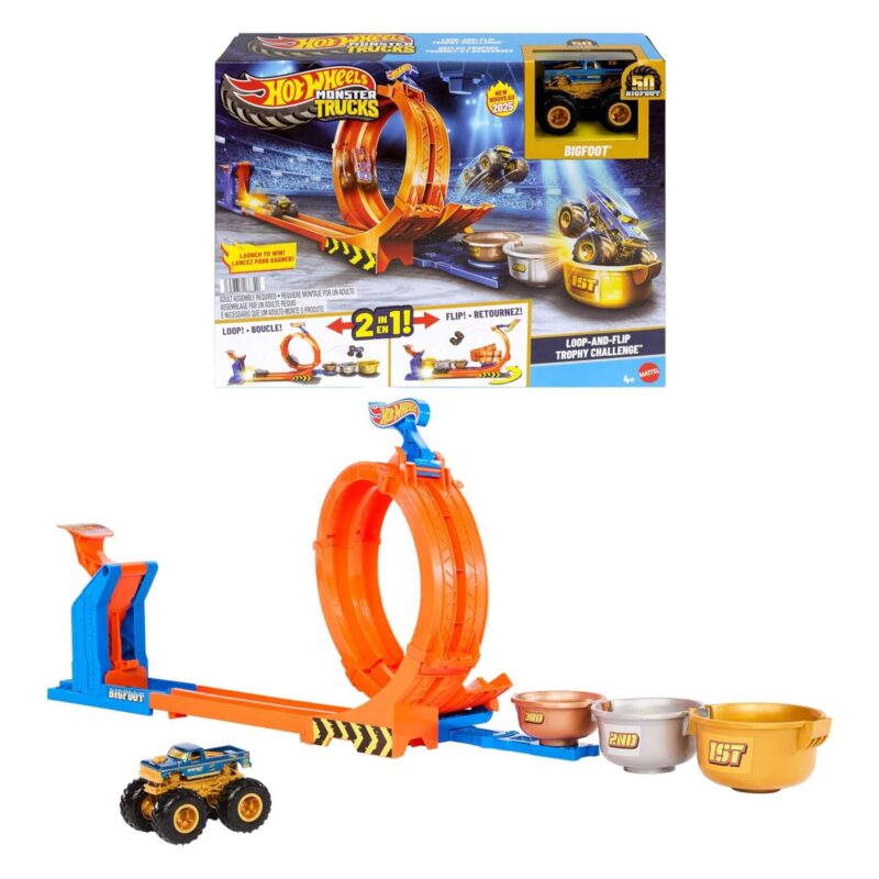 Hot Wheels Monster Trucks Loop & Flip Trophy Challenge Playset with Bigfoot die-cast truck and packaging
