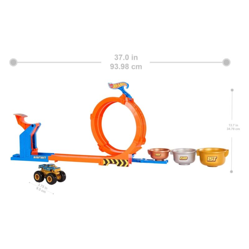 Hot Wheels Monster Trucks Loop & Flip Trophy Challenge Playset track dimensions with loop and trophy cups