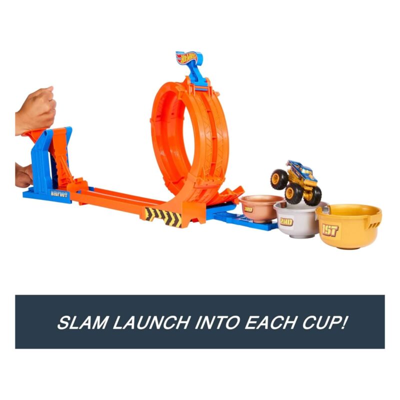 Hot Wheels Loop & Flip Trophy Challenge Playset Bigfoot truck launched into winner’s trophy cup