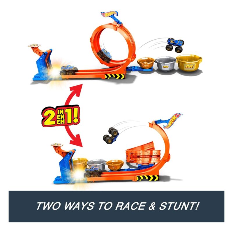 Hot Wheels Loop & Flip Trophy Challenge Playset showing two stunt racing modes and trophy targets