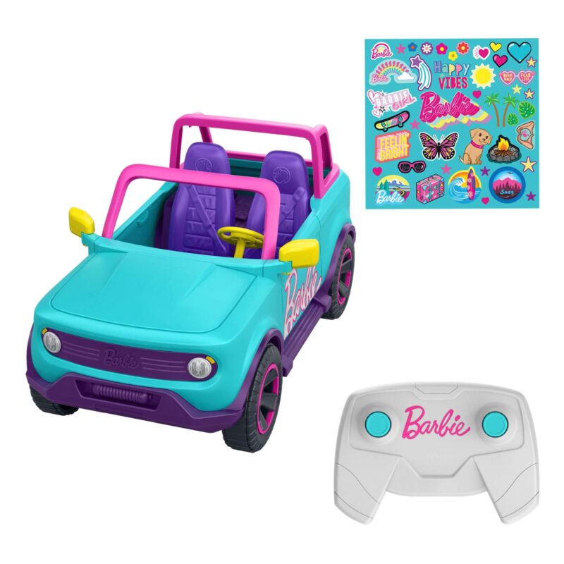 Turquoise and pink Hot Wheels RC Barbie SUV with remote control and Barbie-themed sticker sheet.