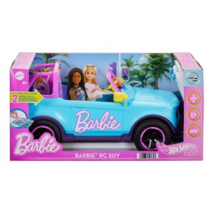 Hot Wheels RC Barbie SUV Vehicle in retail box showing Barbie dolls seated inside the car.