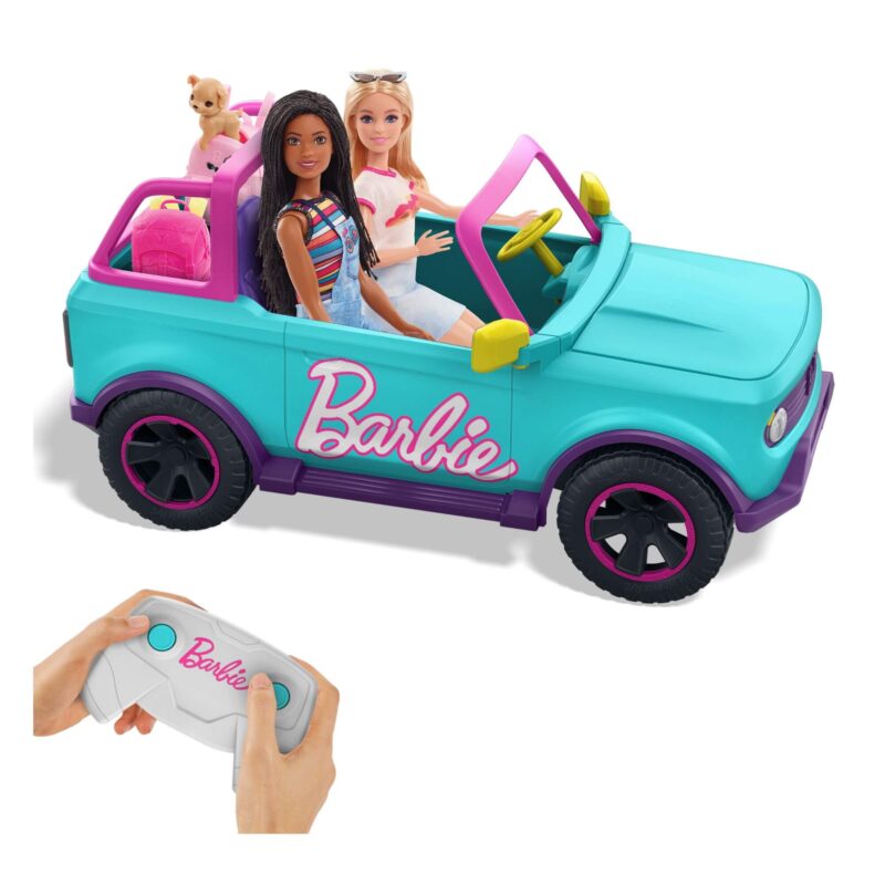 Hot Wheels RC Barbie SUV with two Barbie dolls seated inside, shown with the remote control.