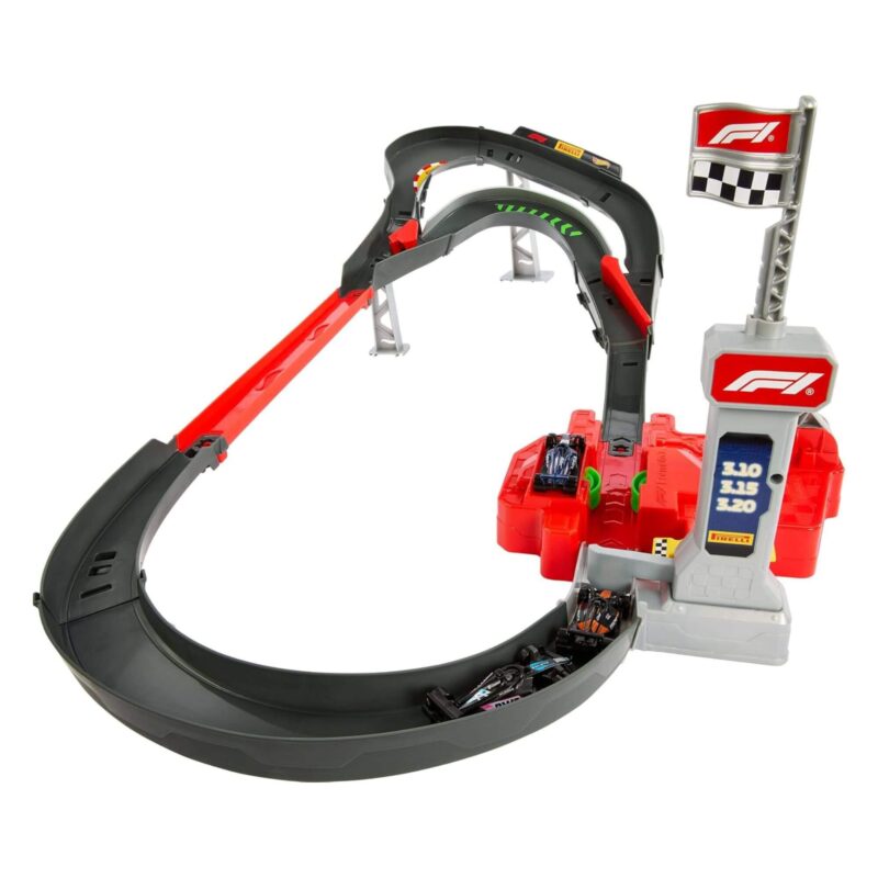 Kids’ Formula 1 track set fully assembled with three die-cast F1 cars racing around the circuit.