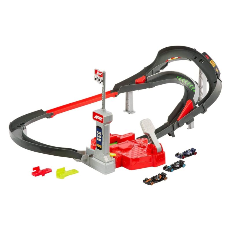 Side angle of the racing circuit showing track layout, finish line, and pedal launcher.